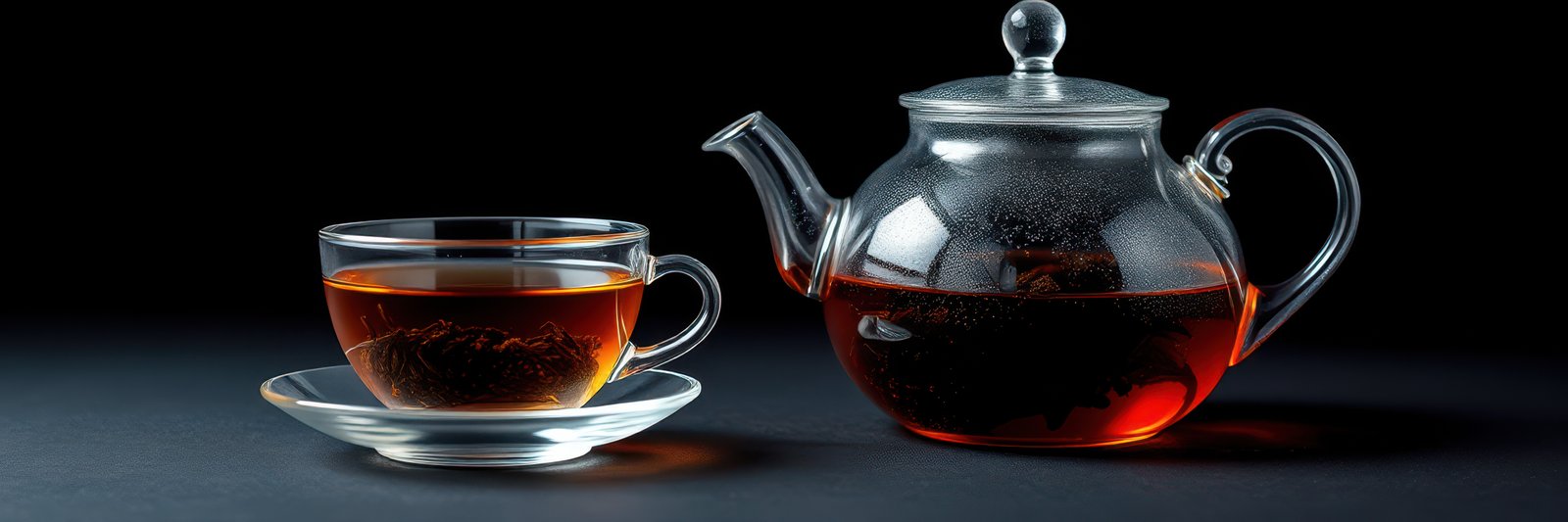 Enjoying a warm cup of tea beside a glass teapot on a dark background